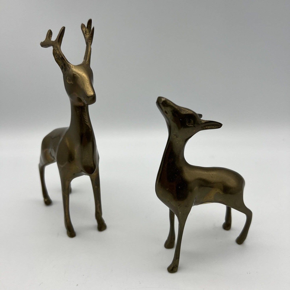 Vintage Brass Deer Buck & Doe Figurines MCM Decor Figurines Reindeer Christmas